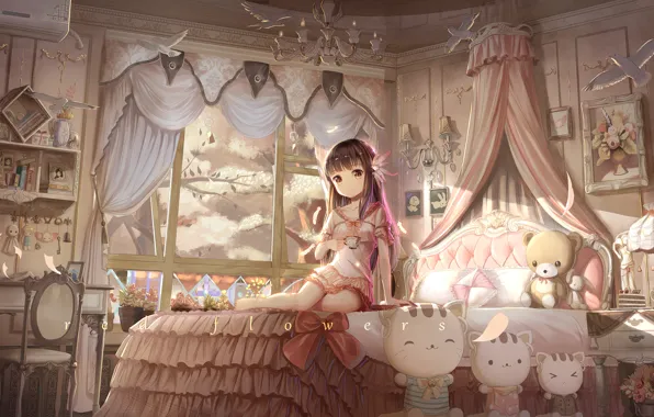 Picture girl, trees, smile, room, toys, bed, anime, Sakura