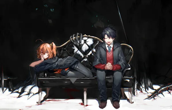 Picture girl, butterfly, sofa, darkness, hands, guy, Fate / Grand Order