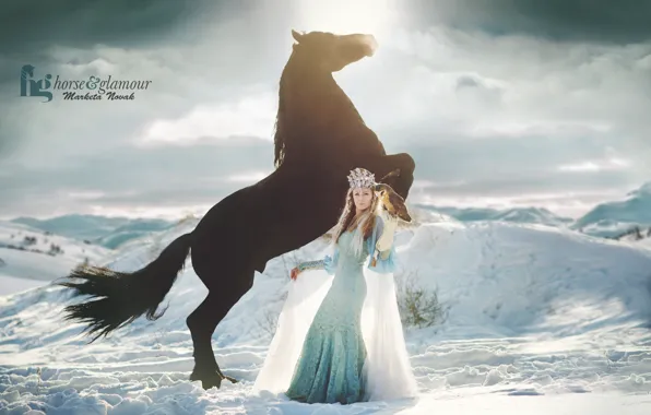 Picture winter, look, girl, photo, horse, crown, dress, Marketa Novak