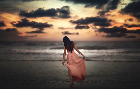 Picture shore, Vicente Serra, hair, sea, back, girl, the sky, dress, sunset