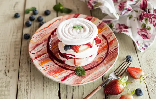 Picture berries, blueberries, strawberry, ice cream, dessert, sweet, meringue