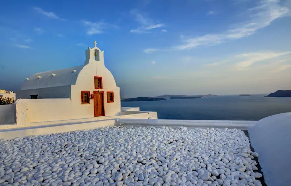 Picture sea, the sky, mountains, island, Santorini, Greece, Church