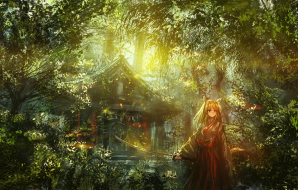 Picture light, thickets, foliage, katana, temple, priestess, ears, sanctuary