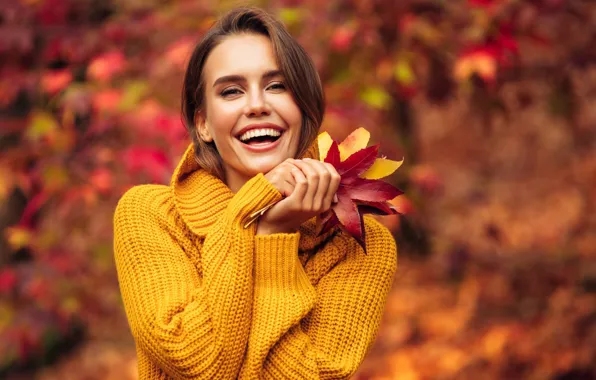 Picture autumn, girl, joy, nature, smile, mood, brown hair, sweater