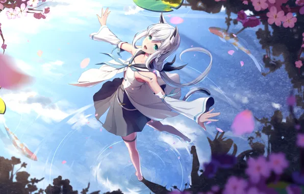 Picture the sky, water, girl, fish, flowers, nature, reflection, dancing, Hololive virtual youtuber, Holo no Graffiti, …