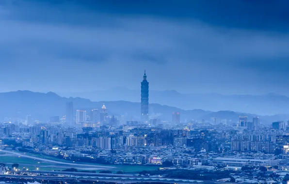 Picture the sky, night, blue, the city, fog, view, building, tower, home, panorama, China, Taiwan, haze, …