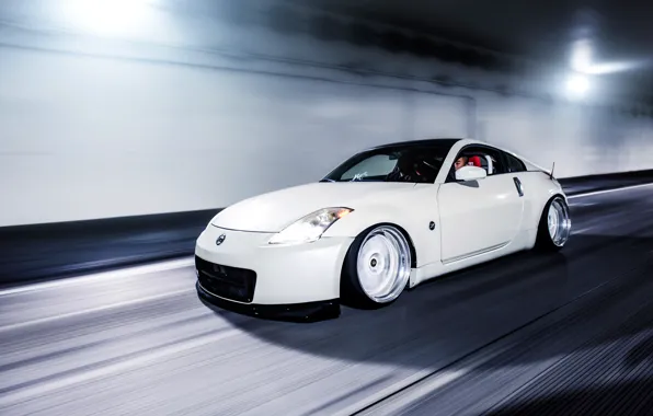 Picture road, white, speed, Nissan, white, sports car, 350z, Nissan, in motion
