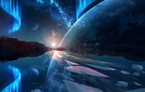 Picture the sky, water, night, fiction, planet, Northern lights, ice, the milky way