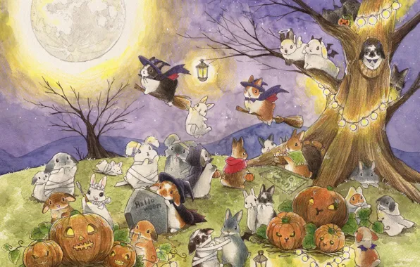 Picture night, the moon, cemetery, rabbits, Halloween, berry jou