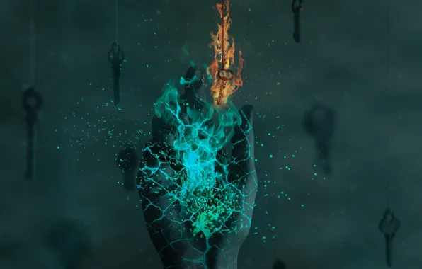 Picture hand, photoshop, key, fire
