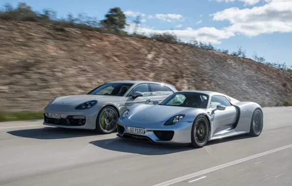 Picture road, speed, Porsche, Porsche, Porsche 918 Spyder, Porsche Panamera Turbo S E-Hybrid Sport Turismo