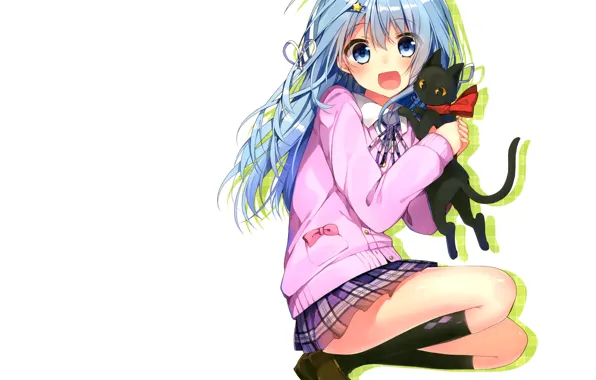 Picture cat, girl, joy, anime, art, schoolgirl, bow, mishima kuron of