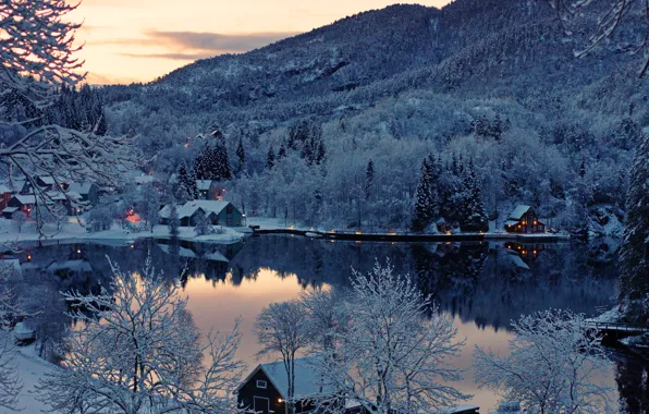 Picture lake, Landscapes, snow, winter, home, Finland, sunset