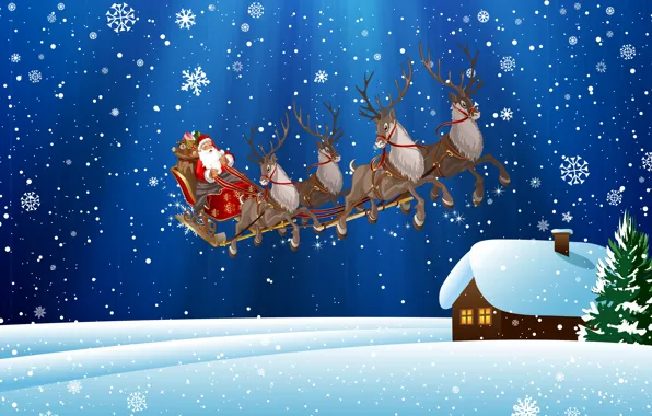 Picture Winter, Snow, House, Christmas, Snowflakes, Background, New year, Holiday, Santa Claus, Art, Deer, Santa Claus, …