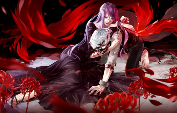 Picture look, girl, flowers, blood, pain, guy, hugs, art