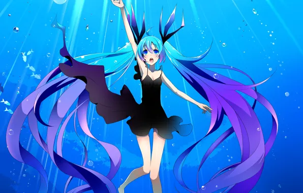 Picture girl, fish, bubbles, art, vocaloid, hatsune miku, under water, Vocaloid