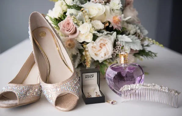 Picture bouquet, earrings, perfume, shoes, wedding
