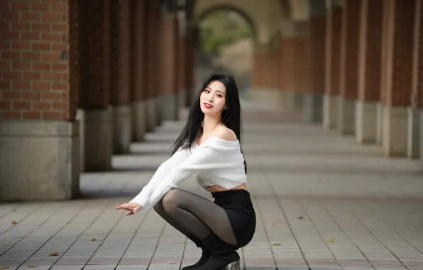 Picture girl, shorts, legs, asian, brunettes, sitting, young woman, sweater, young women