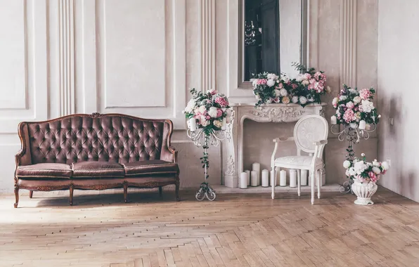 Picture flowers, design, style, interior, candles, chair, sofa, living room