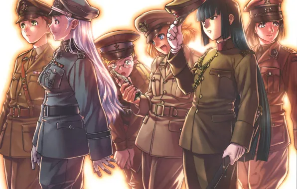 Picture smile, girls, glasses, strap, cap, long hair, badge, military uniform, shoulder straps, breeches, by Rei …