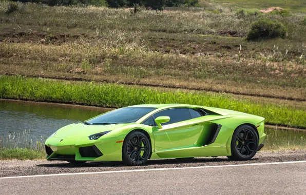 Picture Lamborghini, Green, river, Aventador