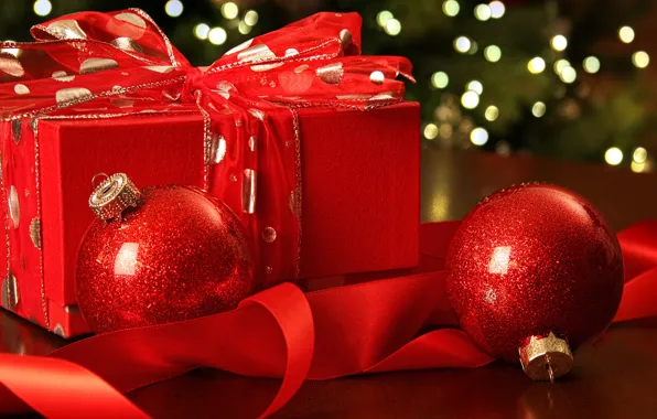Picture New Year, Christmas, red, balls, merry christmas, gift, decoration