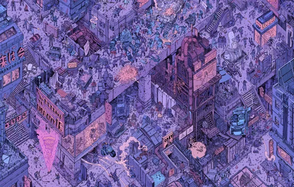 Picture The city, Robots, People, Fantasy, Art, Robot, Robots, The view from the top, Sci-Fi, Cyberpunk, …