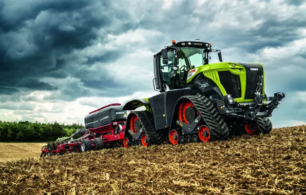 Picture field, forest, the sky, work, tractor, caterpillar, sowing, Claas, agricultural machinery, seeder, big tractor, Claas …