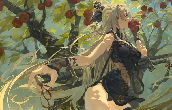 Picture girl, swords, Apple