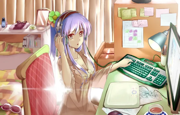 Picture computer, look, girl, light, table, figure, bed, headphones
