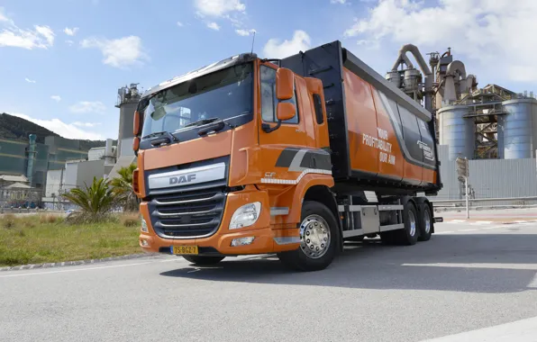 Picture road, orange, plant, body, shrub, DAF, DAF, dump truck, 6x2, platform, Euro6, DAF CF 310 …