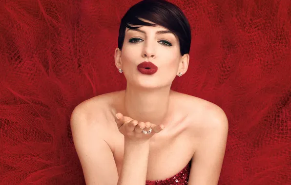 Picture makeup, dress, actress, brunette, hairstyle, photographer, in red, gesture, photoshoot, kiss, Anne Hathaway, Anne Hathaway, …