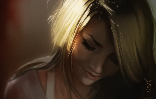 Picture face, eyelashes, blonde, shoulders, closed eyes, portrait of a girl, in the shadows