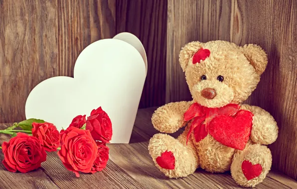 Picture love, flowers, roses, bear, love, bear, heart, romantic, Valentine's day, roses, Teddy