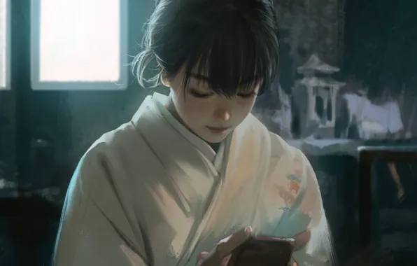 Picture Japanese, window, girl, phone, kimono, Asian, in the room, art