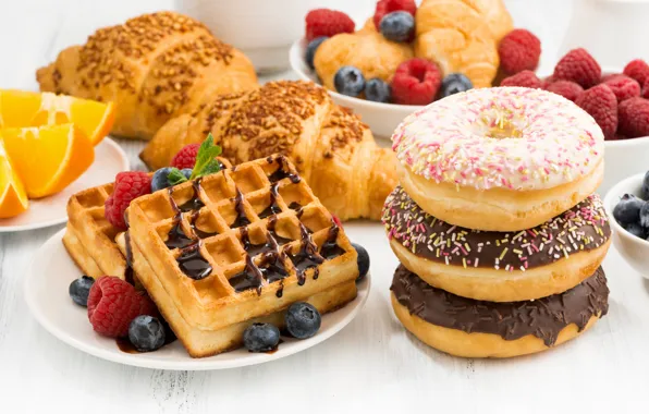 Picture berries, raspberry, table, orange, blueberries, sweets, plates, donuts