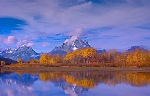 Picture autumn, the sky, clouds, snow, trees, mountains, nature, lake