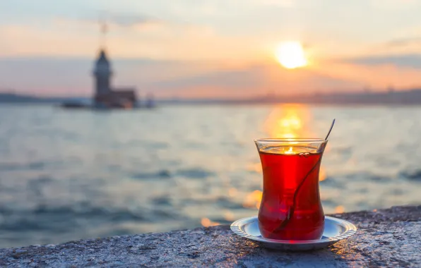 Picture sea, sunset, tea, istanbul, maiden tower