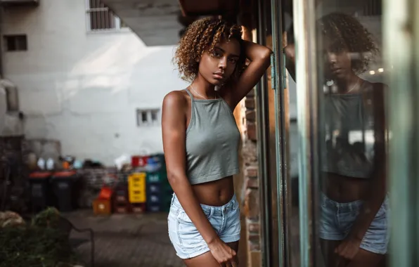 Picture look, glass, girl, reflection, shorts, Mike, top, curls