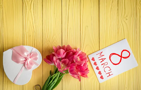 Picture holiday, gift, bouquet, tulips, March 8, postcard, ribbon pink