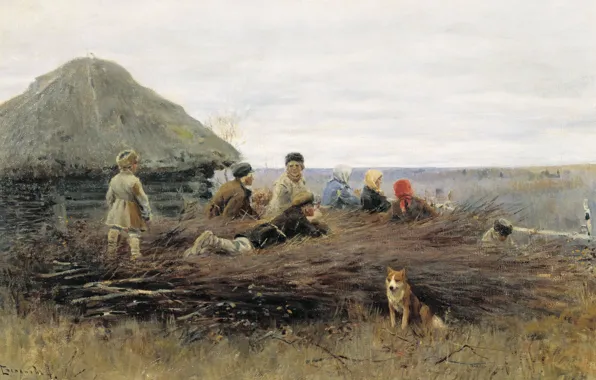Picture oil, dog, hut, canvas, 1899, Children on the brushwood, Alexey STEPANOV