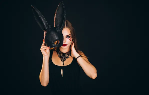 Picture autumn, girl, the dark background, holiday, makeup, pumpkin, Halloween, Halloween