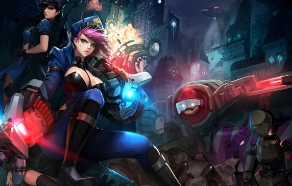 Picture girl, the city, the game, robot, art, League of Legends, Piltover