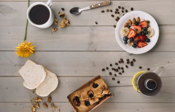 Picture berries, Breakfast, wood, cupcake, coffe, muesli