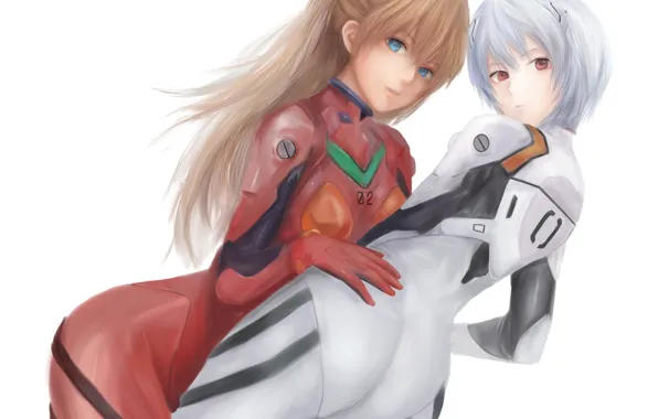Picture girls, costume, neon genesis evangelion, hugs, soryu asuka langley, ayanami Rei, art, moekyon