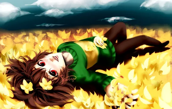 Picture field, the sky, girl, clouds, flowers, smile, anime, art, undertale, chara