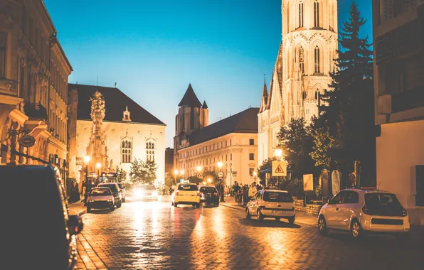 Picture Budapest, Budapest, the evening, street, lights, the city, people, machine, trees, road, road sign