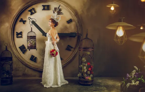 Picture girl, flowers, watch