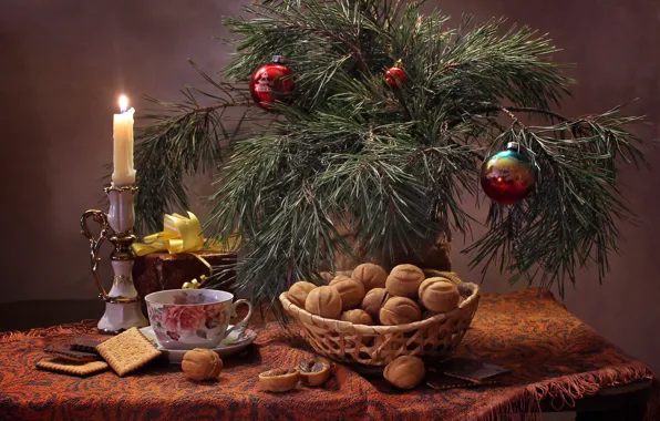 Picture table, fire, holiday, gift, balls, toys, candle, cookies