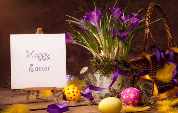 Picture basket, eggs, feathers, Easter, crocuses, Easter